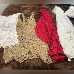 Crochet and Lace Tops in White, Tan, and Red
